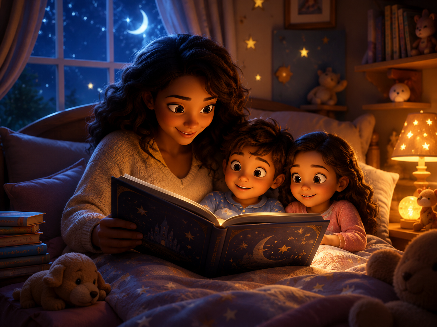 A loving mother reading a bedtime story to her two children in a cozy bedroom