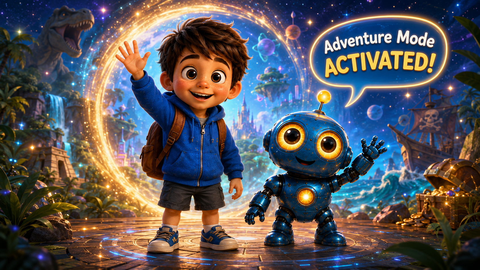 Jacob and Bleep waving hello with Adventure Mode Activated