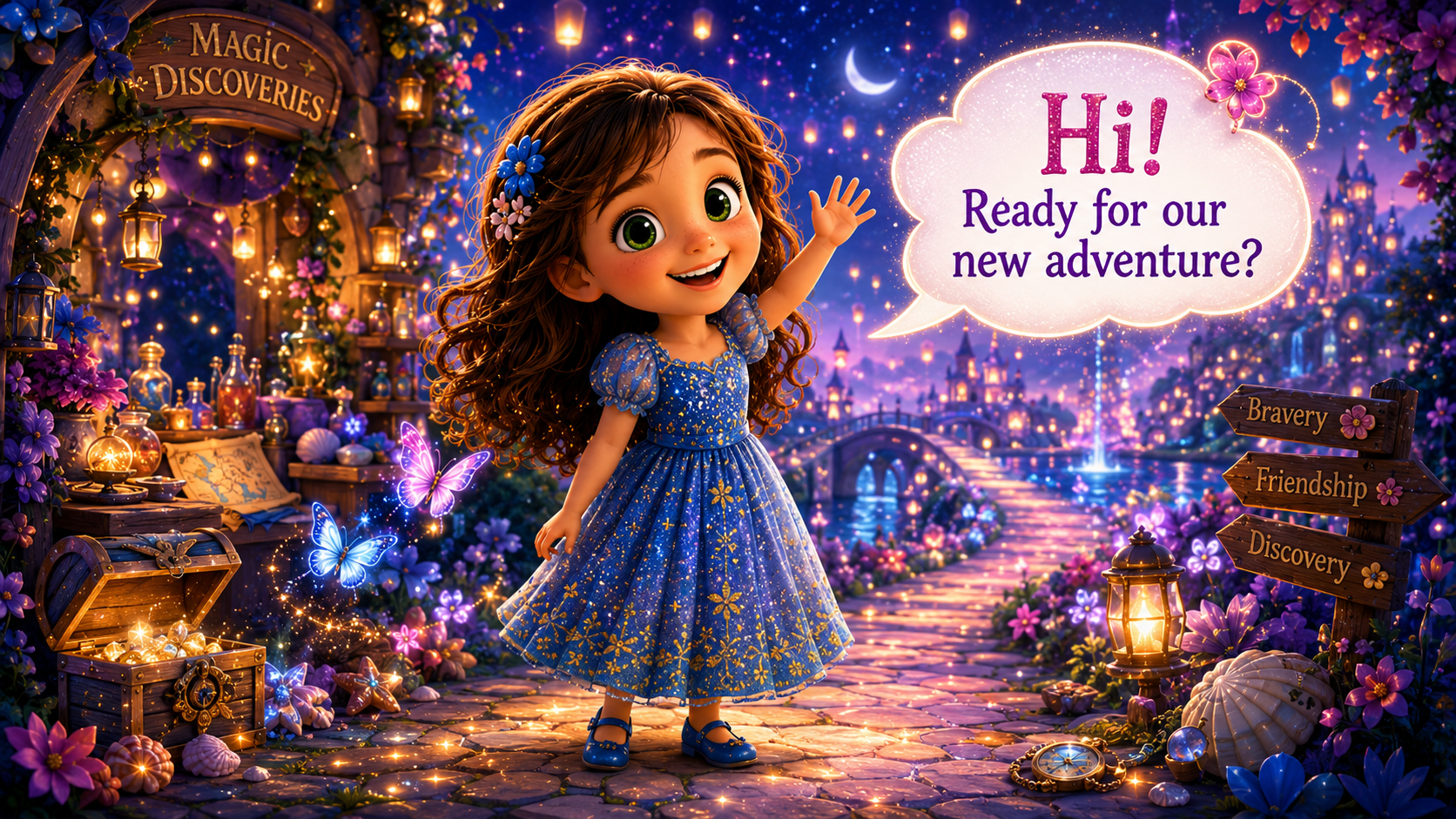 Sofia waving hello in a magical world full of butterflies, lanterns, treasure, and mystery
